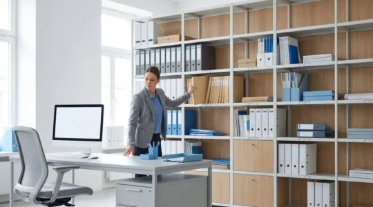 Bureau professionnel moderne avec une bibliothèque verticale modulable où un assistant accède facilement à un dossier à hauteur ergonomique, démontrant l'optimisation de l'espace de rangement documentaire