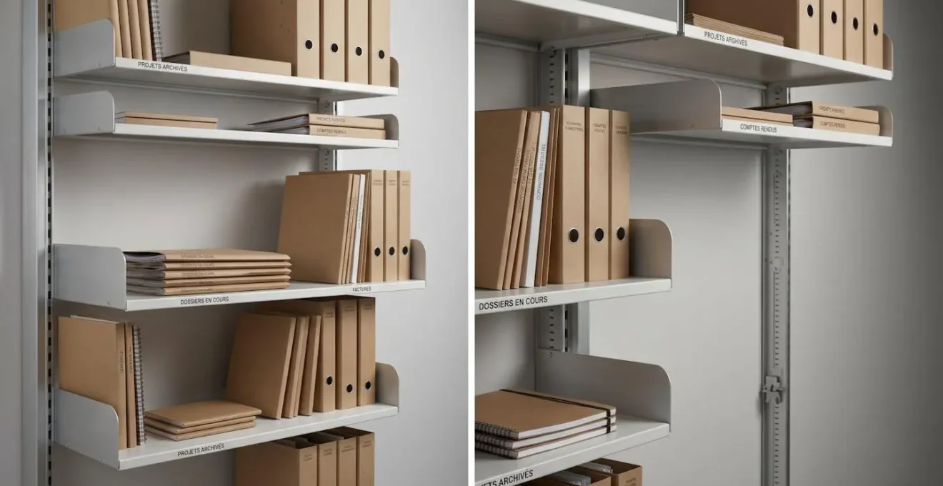 Détail d'une bibliothèque modulable de bureau avec étagères ajustables permettant d'organiser les documents selon leur fréquence d'utilisation