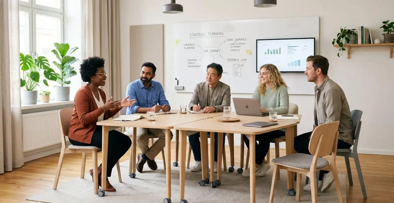 Équipe en réunion collaborative dans un espace de travail modulable avec mobilier sur roulettes et tableau blanc interactif