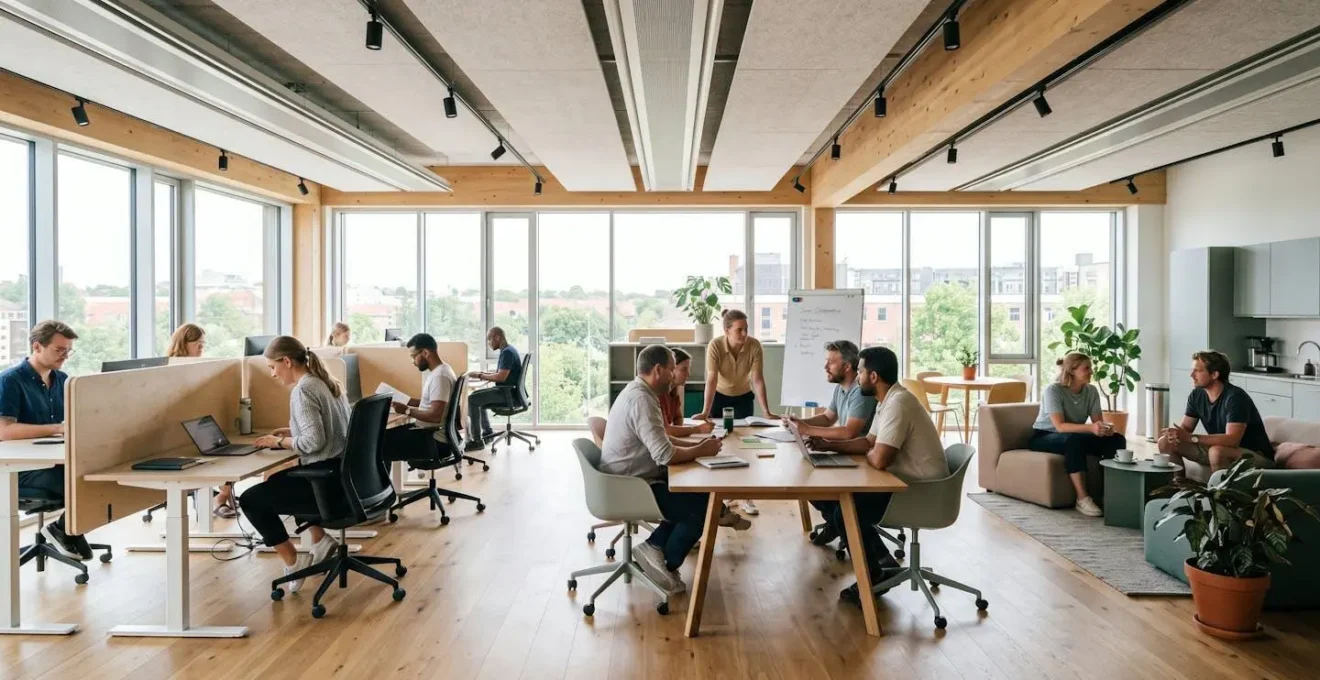 Open space moderne lumineux avec zones de concentration délimitées par cloisons acoustiques, mobilier ergonomique et collaborateurs en activité dans différents espaces fonctionnels