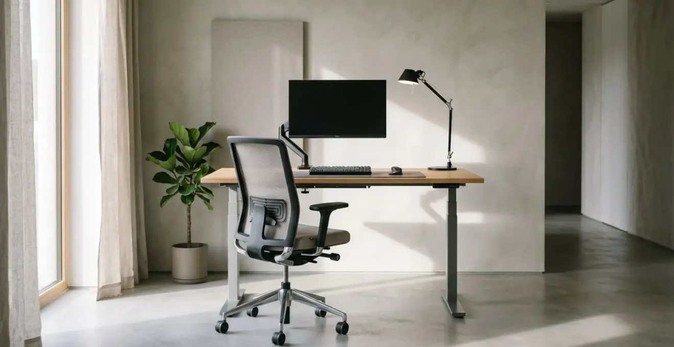 Poste de travail ergonomique avec siège réglable à support lombaire et bureau assis-debout dans un environnement épuré